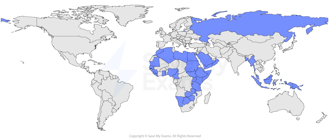 World map with selected countries in teal across Africa, the Middle East, Russia, parts of Asia, the Caribbean and Pacific, with other nations in grey