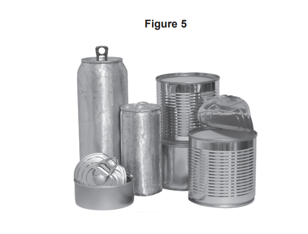 Group of empty metal food and drink cans, including ring-pull tins and a tall beverage can, arranged together on a plain background.