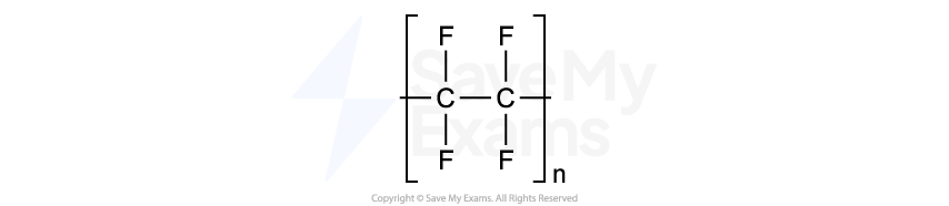 Chemical structure of poly(tetrafluoroethene), showing repeating units with carbon-fluorine bonds, enclosed in brackets with a subscript "n".