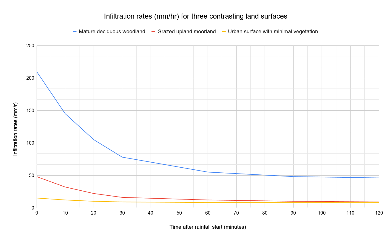 Line graph of infiltration rates over 120 minutes, showing woodland highest and declining, moorland moderate, and urban surface lowest with little change.