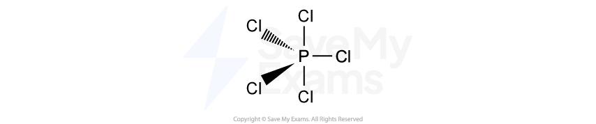 Chemical structure of phosphorus pentachloride (PCl5) showing central phosphorus atom bonded to five chlorine atoms in a trigonal bipyramidal shape.