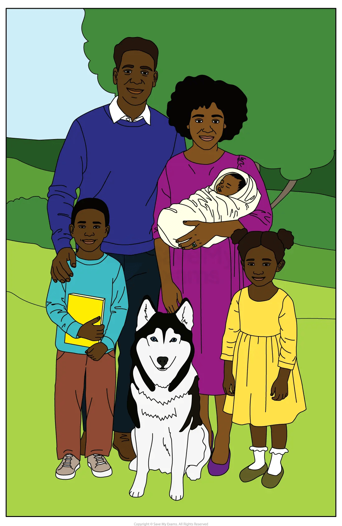 Illustration of a smiling family of five with a baby and a husky dog, standing together outdoors on grass with trees in the background
