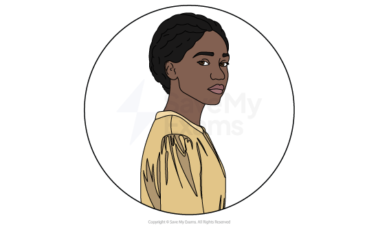 Image of Denver from Beloved: she is a young black woman with braided hair, wearing a loose yellow top, looking over her shoulder against a plain white circular background