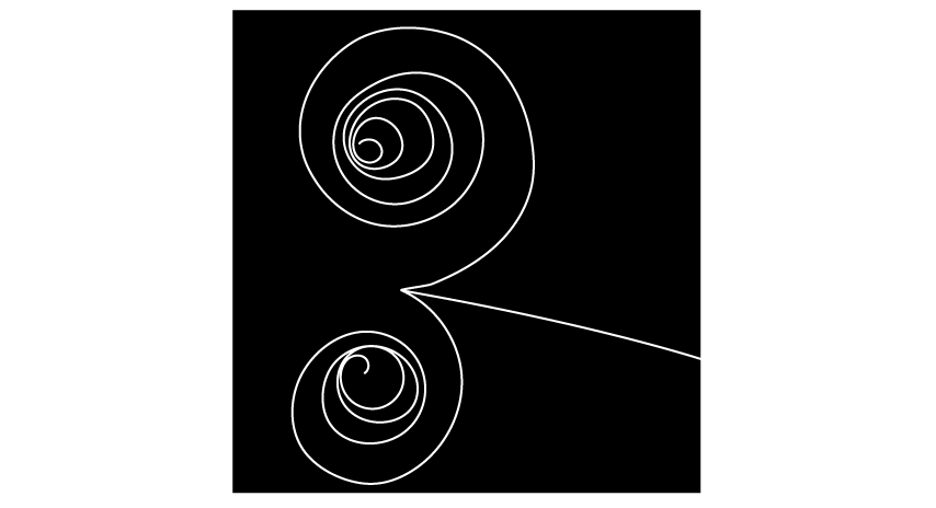 Bubble chamber tracks showing two tightly wound spiral tracks curling in opposite directions and a nearly straight track exiting to the right.