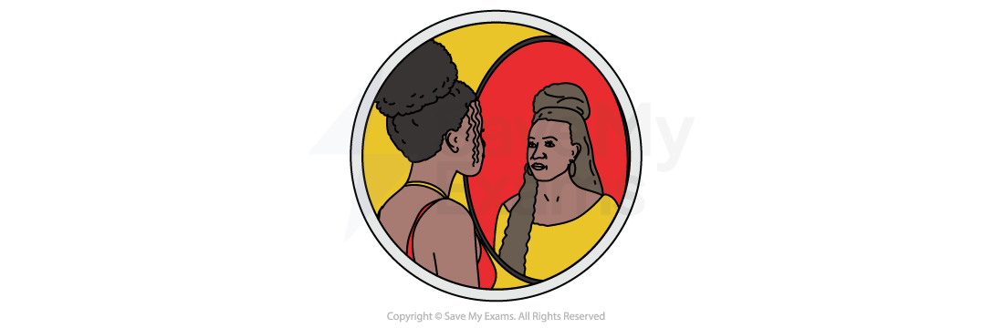 Theme symbol for Identity and Self Definition: Illustration of a woman with curly hair looking into a mirror, seeing a different version of herself against bold yellow and red circular backgrounds