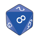 Blue ten-sided gaming die showing the number eight on the front face, with other white numerals visible on surrounding faces