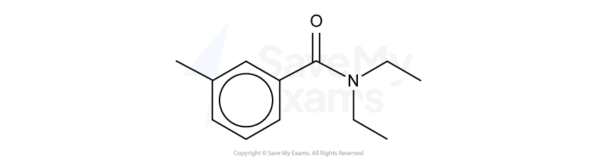 A skeletal formula of N,N-diethyl-3-methylbenzamide. A central benzene ring is shown. Attached to carbon 1 of the ring is an amide group, consisting of a carbonyl carbon atom double-bonded to an oxygen atom and single-bonded to a nitrogen atom. The nitrogen atom is bonded to two ethyl groups, CH2CH3. Attached to carbon 3 of the benzene ring is a methyl group, CH3.