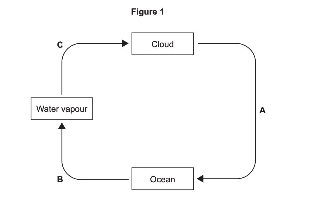 Diagram of the water cycle: arrows show sequence A cloud to ocean, B ocean to water vapour, C water vapour to cloud.