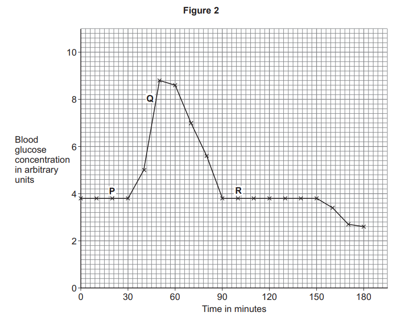 Line graph of blood glucose concentration over 180 minutes, rising from 4 to peak near 9 at 60 minutes, then falling back to 4 and slowly declining further.