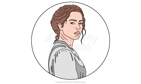 Image of Amy Denver from Beloved: she is a serious young woman with brown hair and grey clothing, shown in profile within a circular frame on a plain white background