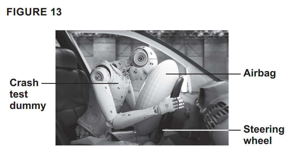 Crash test dummy in driver’s seat leaning forward against an inflated airbag, hands near the steering wheel inside a car during impact test