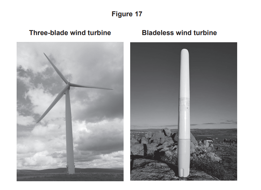 Side‑by‑side photos comparing a tall three‑blade wind turbine and a slim bladeless wind turbine standing outdoors under cloudy skies