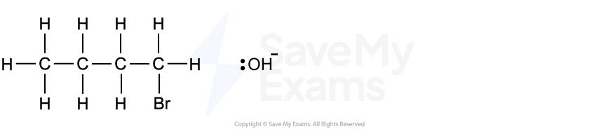 Structural formula of 1-bromobutane with a terminal bromine atom and nearby hydroxide ion, illustrating a nucleophilic substitution reaction setup