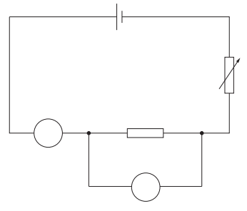 Simple series–parallel circuit with a cell, variable resistor, fixed resistor and two lamps, one lamp in series and the other in a parallel branch.