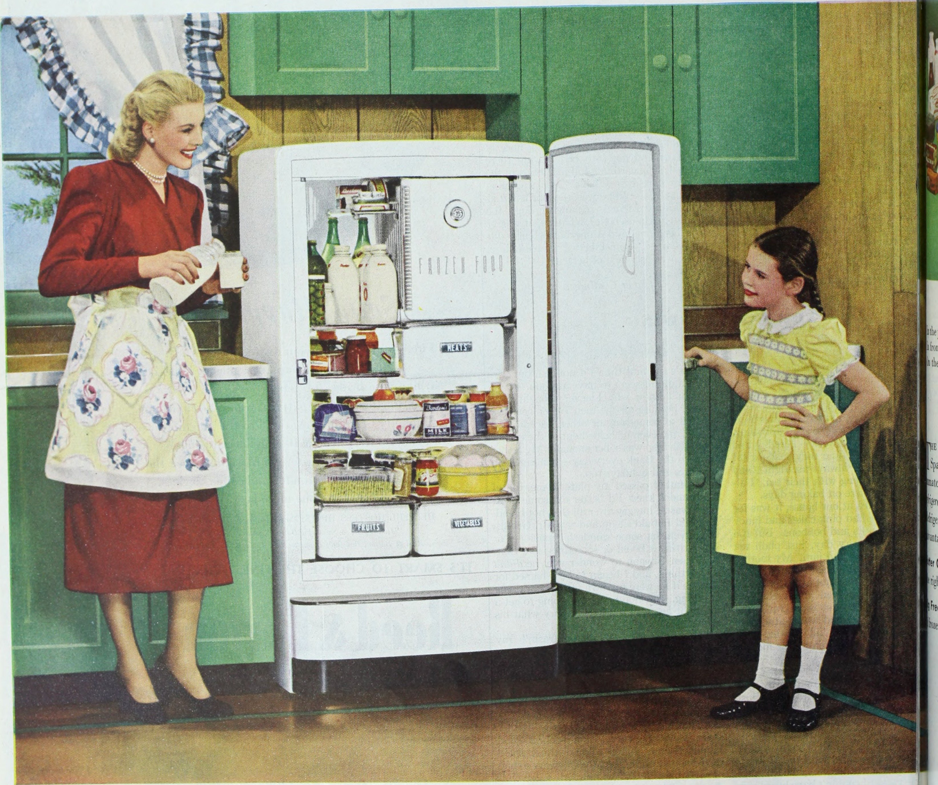 Advertisement showing a smiling housewife and child with a new refrigerator.