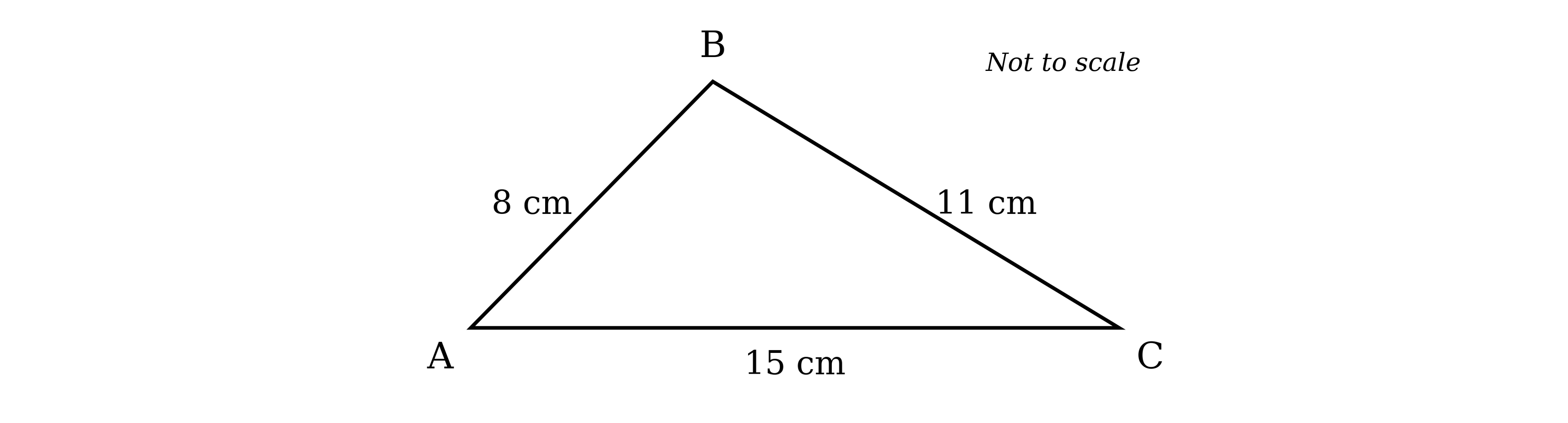 A scalene triangle ABC. The side AB (left side) is labelled "8 cm". The side BC (right slant) is labelled "11 cm". The side AC (base, horizontal) is labelled "15 cm". Vertices are labelled A, B and C. The label "Not to scale" appears at the top-right.