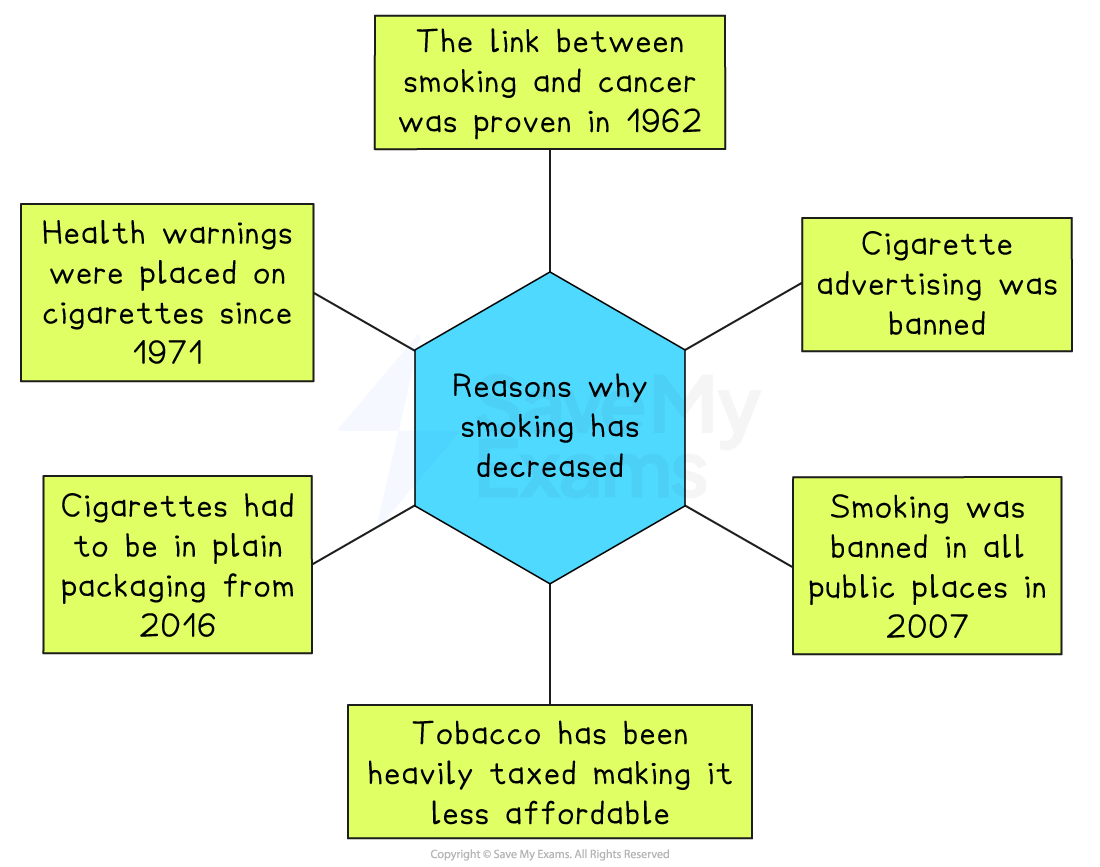 Diagram showing reasons smoking has decreased: proven cancer link, health warnings, plain packs, ad and public bans, and higher tobacco tax