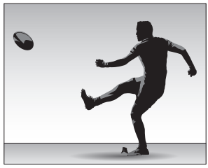 Silhouette of a rugby player kicking a ball from a tee, with the ball in mid-air against a simple grey background.