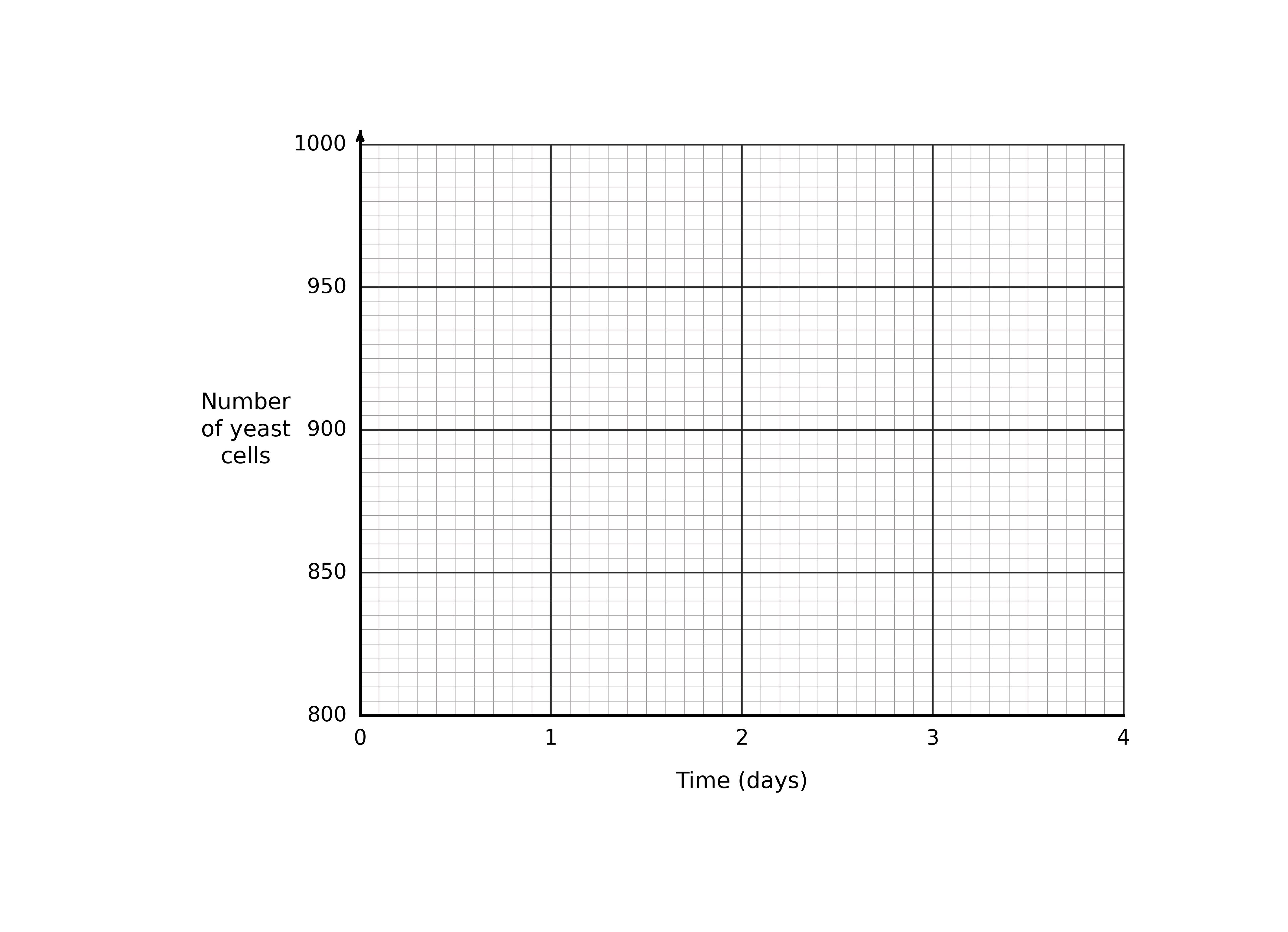 A blank gridded coordinate axis. The x-axis is labelled "Time (days)" and runs from 0 to 4 with major gridlines every 1 day (and minor gridlines every 0.5). The y-axis is labelled "Number of yeast cells" and runs from 800 to 1000 with major gridlines every 50 (and minor gridlines every 10).