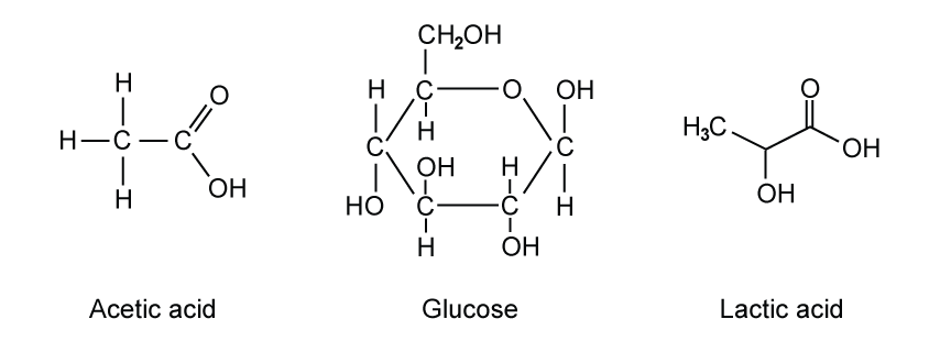 Displayed structural formulas of acetic acid, glucose and lactic acid