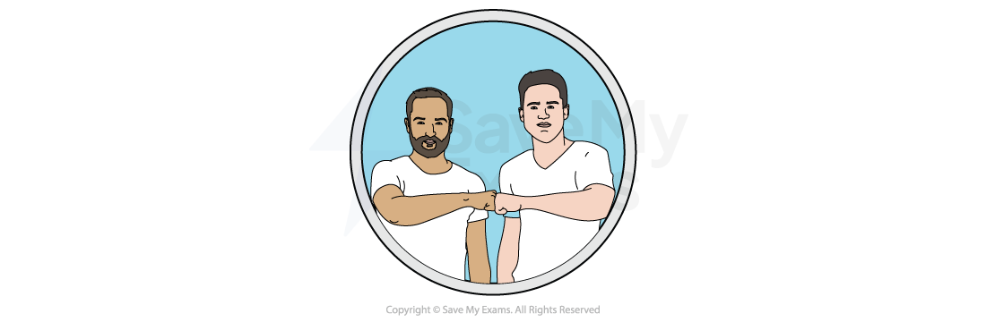 Symbol for Male Friendships: image of two young men in white T-shirts standing side by side, smiling and touching fists in a friendly greeting against a blue circular background