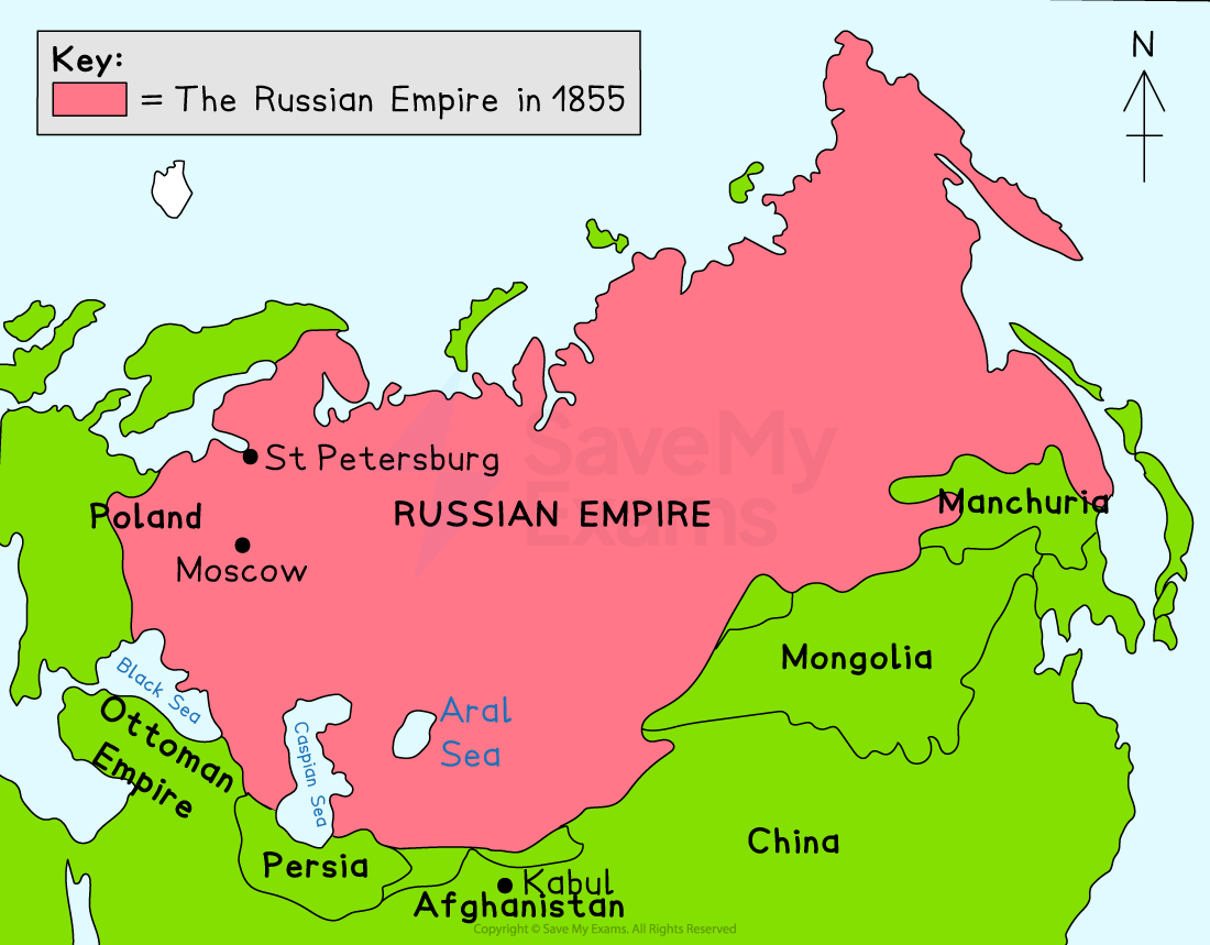 Colour map showing the Russian Empire in 1855 in pink, with labelled neighbours including Poland, Ottoman Empire, Persia, Afghanistan, China and Mongolia