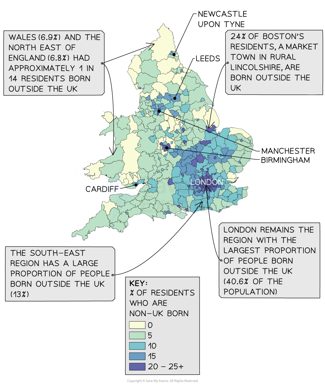 Choropleth map of England and Wales showing percentages of non‑UK born residents, highlighting high levels in London, the South‑East and Boston, Lincolnshire