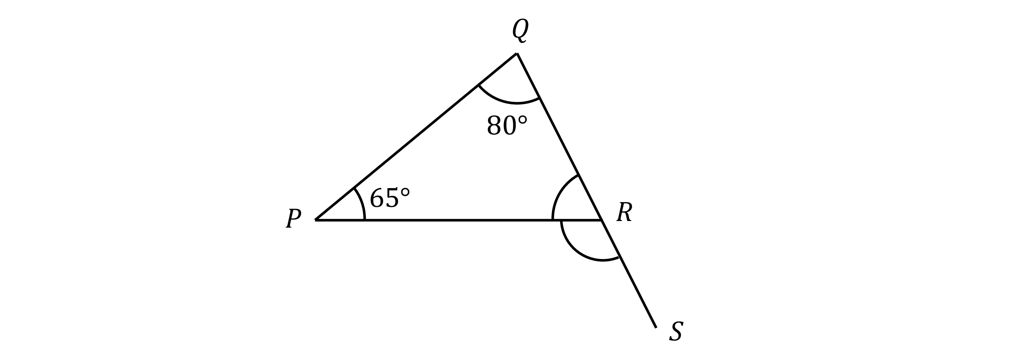 A triangle PQR with vertex labels. Angle at P is marked 65°, angle at Q is marked 80°. The side QR is extended beyond R to a point S, forming a straight line QRS. 