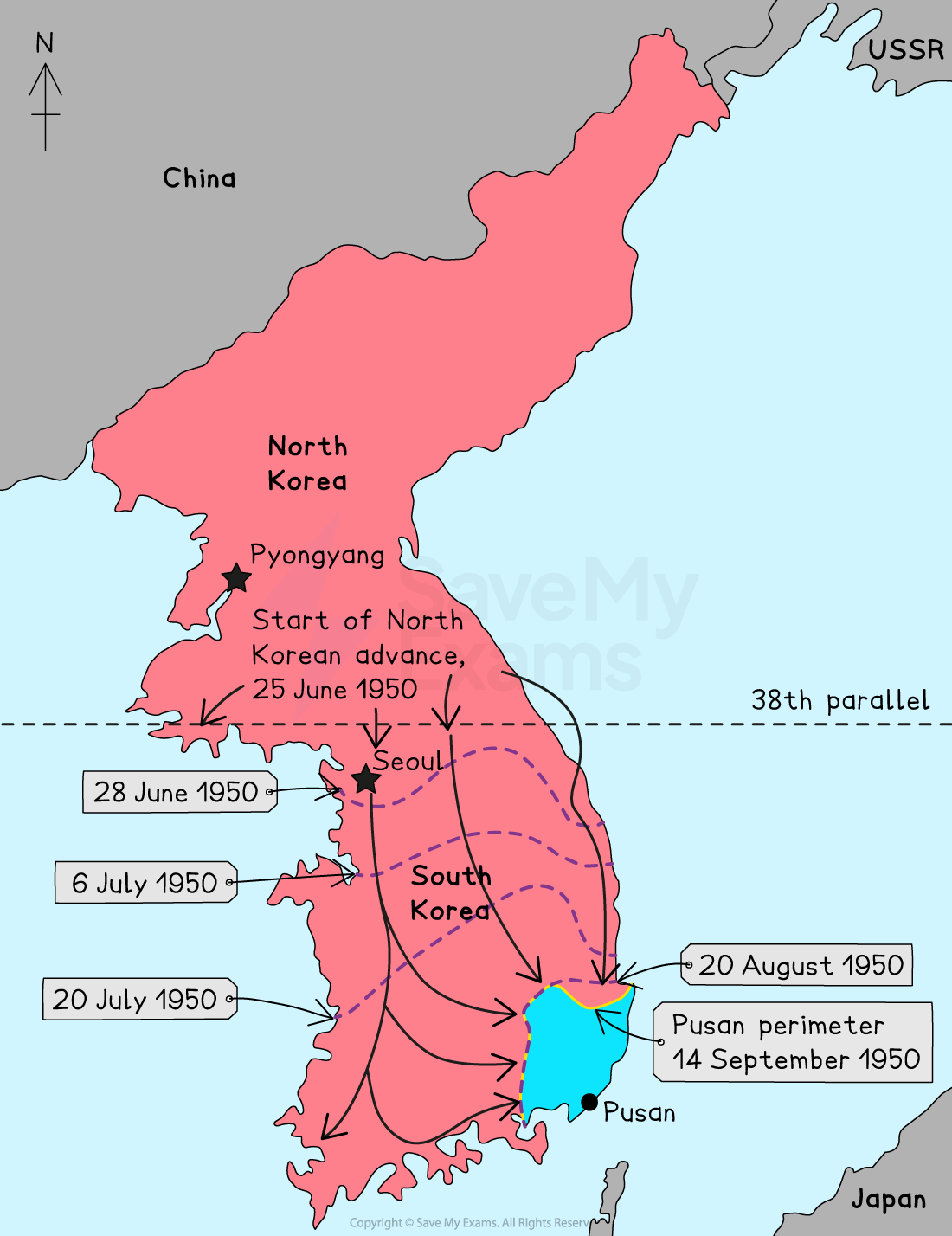 Map of Korean Peninsula showing North Korean advance into South Korea in 1950, dated arrows, Pusan perimeter enclave and neighbouring China, USSR and Japan