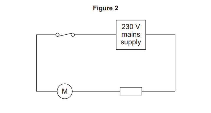 Simple circuit diagram showing 230 V mains supply, a switch, a motor labelled M and a resistor connected in series in a single closed loop