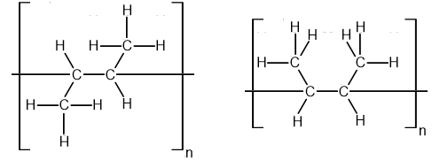 Two displayed formulae of the addition polymer from but-2-ene isomers, showing apparently different arrangements of methyl groups along the backbone