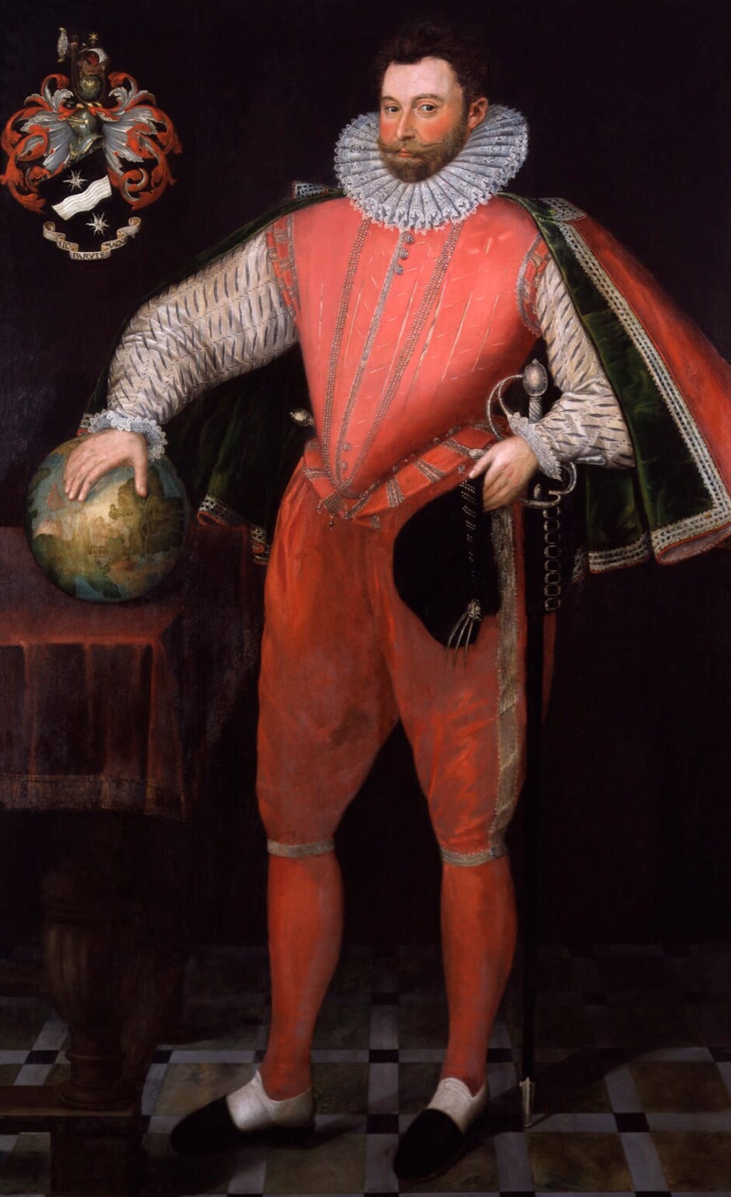 Elizabethan nobleman in red doublet and ruff, one hand on a globe, sword at his side, standing on chequered floor with coat of arms above.
