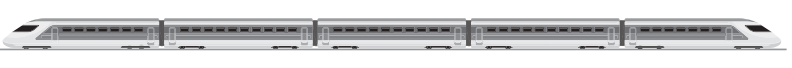 Side view illustration of a modern white high-speed passenger train with five connected carriages on tracks, showing sleek, streamlined design