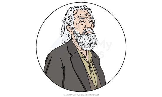 Image of Tiresias from Antigone: he is an elderly man with long grey hair and beard, wearing a dark jacket over a shirt, shown from the waist up in a circular frame