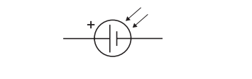 Circuit symbol of a light-dependent resistor or photoresistor, shown as a resistor in a circle with arrows indicating incident light and a positive terminal