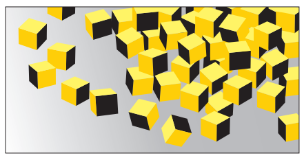 Scattered yellow and black 3D cubes on a grey gradient background, creating an abstract geometric pattern across the image