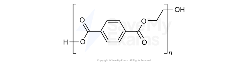 Structural formula of a polyester chain: repeating terephthalate unit with ester links and terminal hydroxyl groups, bracketed with subscript n.