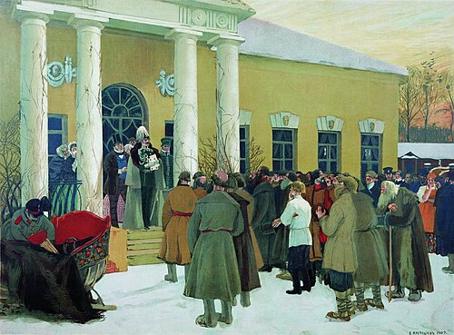 Winter scene outside a grand house where well-dressed officials stand on steps addressing a crowd of peasants gathered in coats on snowy ground