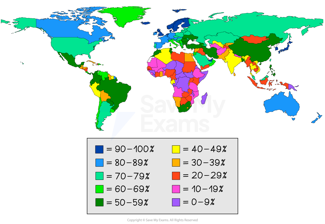 World map shaded in bright colours showing countries by percentage ranges, from 0–9% to 90–100%, with a key legend at the left-hand side.