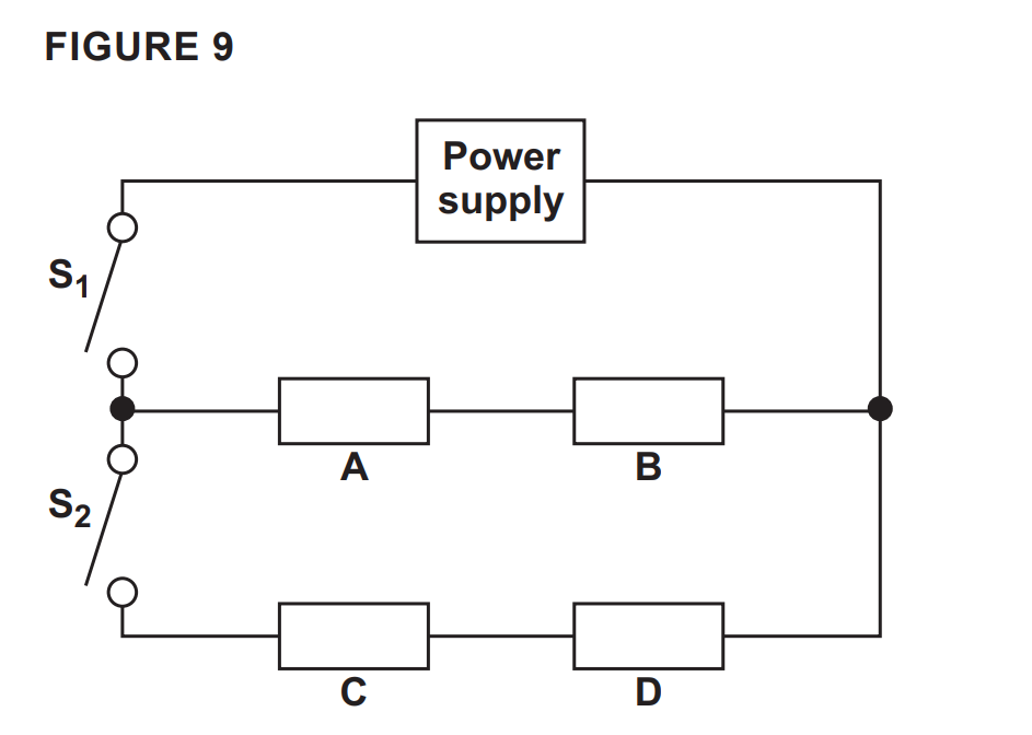 Circuit diagram with power supply and two switches S1, S2 controlling two parallel branches containing components A–B (upper) and C–D (lower).