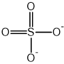 Structural diagram of the sulfate ion, showing a central sulphur atom double-bonded to two oxygens and single-bonded to two negatively charged oxygens