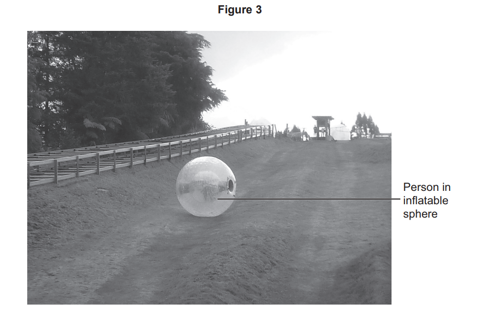 Person inside a large clear inflatable sphere rolling down a grassy track on a hillside, with trees and fencing along the side.