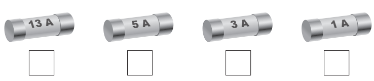 Row of four cylindrical electrical fuses labelled 13 A, 5 A, 3 A and 1 A, each above an empty square selection box.