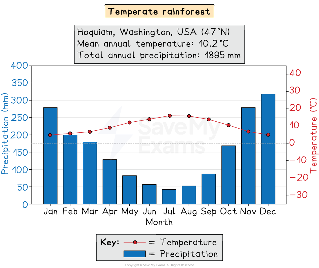 Climate graph for Hoquiam temperate rainforest showing high rainfall year-round, wetter in winter, with mild temperatures peaking around July–August.