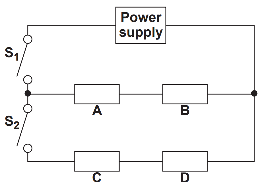 Circuit diagram with power supply feeding two switched branches: S1 controls series resistors A and B, S2 controls series resistors C and D in parallel path.
