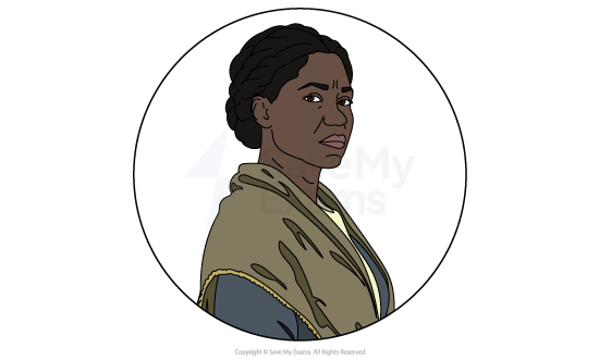 Image of Sethe from Beloved: she is a serious Black woman in historical dress, with braided hair and a brown shawl, shown in profile within a circular white frame