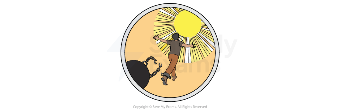 Symbol for Redemption and Forgiveness: Person breaking free from a ball and chain, running joyfully towards a bright yellow sun with rays, symbolising emotional escape, freedom and hope.