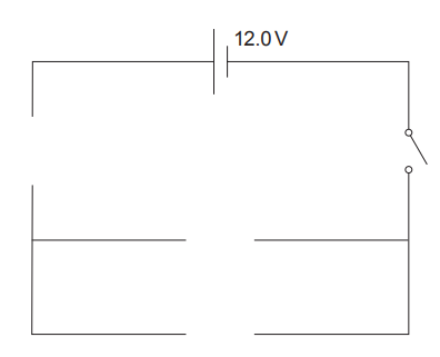 Simple circuit diagram showing a 12.0 V battery connected in series with an open switch and empty parallel branches awaiting components