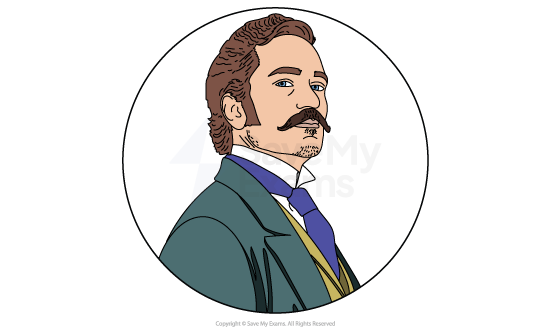 Image of schoolteacher from Beloved: he is a Victorian-era man with wavy hair and moustache, wearing a green suit, gold waistcoat and blue cravat, looking confidently sideways