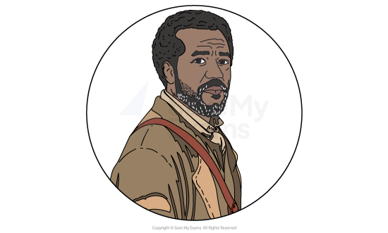 Image of Stamp Paid from Beloved: he is a bearded man with short curly hair in brown outdoor clothing and shoulder strap, looking back over his shoulder in a circular frame